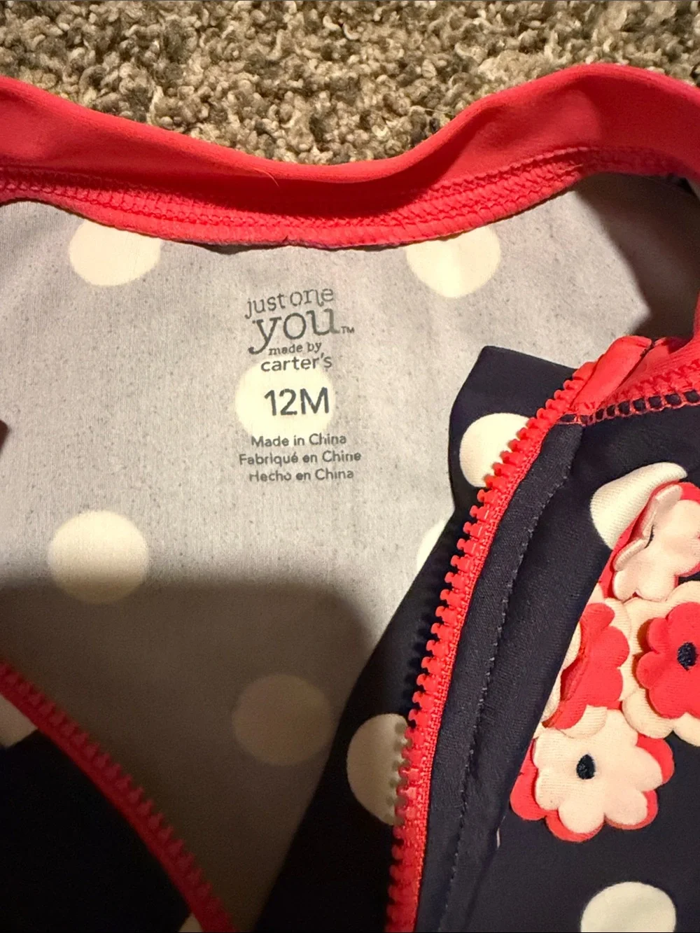 Carter's Navy Polka Dot One-Piece with Coral Trim and Floral Applique